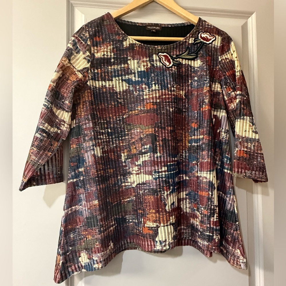 Multiples PM Petite Pleated Abstract Print Blouse Floral Appliqué